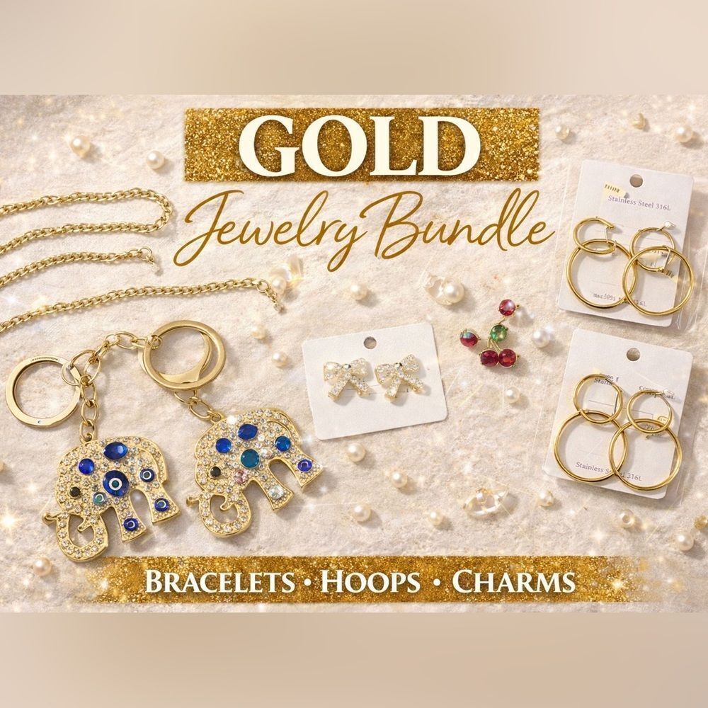 Gold Tone Jewelry Lot Bundle, 10 pieces | Bracelets, Earrings, Bag Charms. NEW!